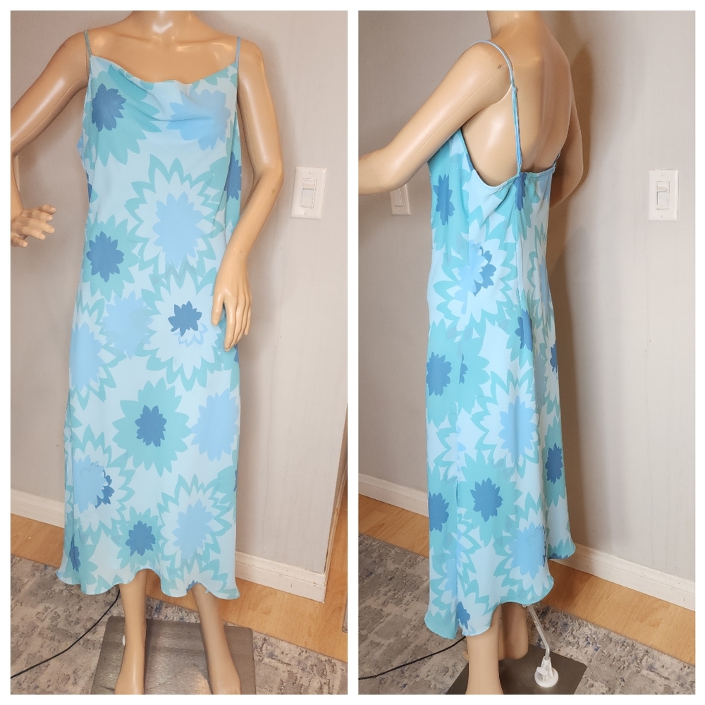 Express 90s Y2k Blue Green Floral Sleeveless Midi Slipdress Cowl Neck Size 13/14